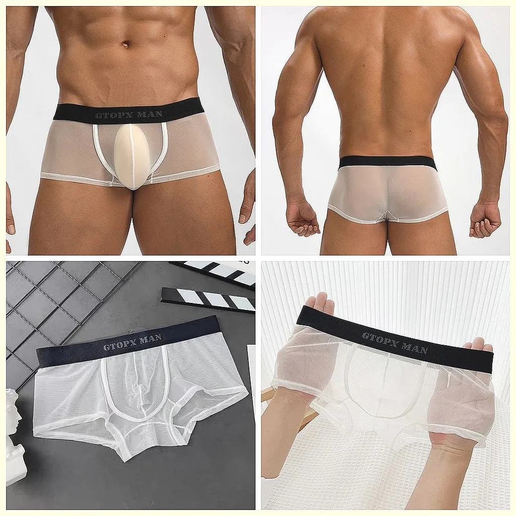 Men's Sexy Mesh Boxer Shorts U Pouch Low Rise Breathable Transparent Underwear