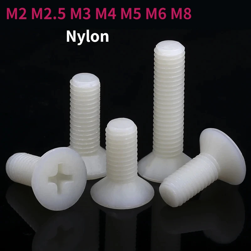 M2 M2.5 M3 M4 M5 M6 M8 White Plastic Nylon Countersunk Head Screws Cross Flat Head Bolts Screw Length 4-40mm