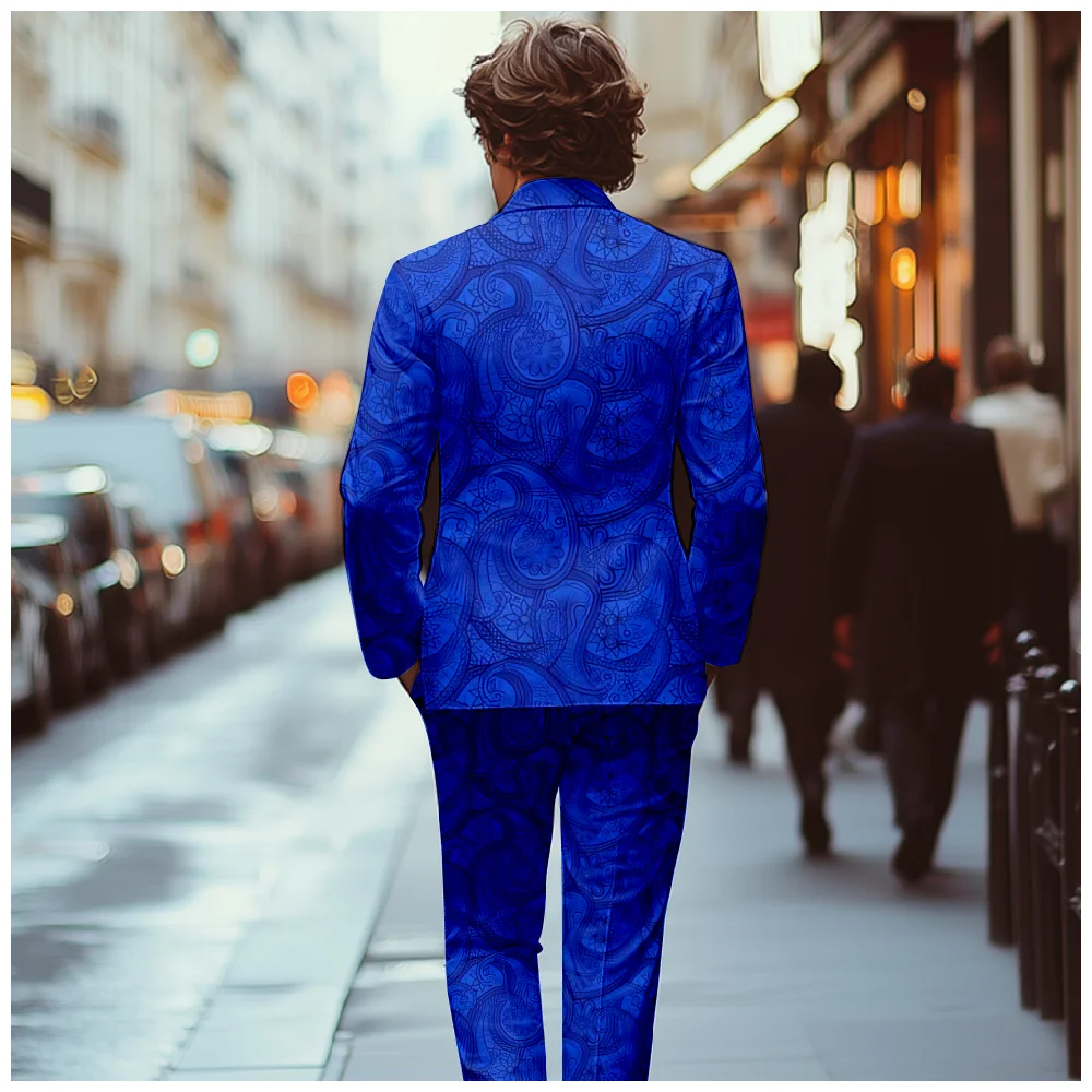 Four Seasons Trendy Stylish Blue Floral Suit Comfort Charm Men's Suit Jackets Fashion Blazer & Trousers Suit Set Outerwear Coat