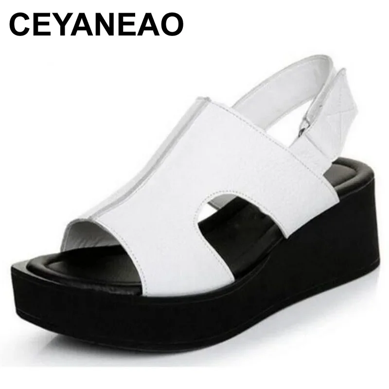 CEYANEAONew Fish Head Large Size Women Summer Shoes Sandals Best Selling Genuine Leather Sandals Platform Shoes Woman Wedge