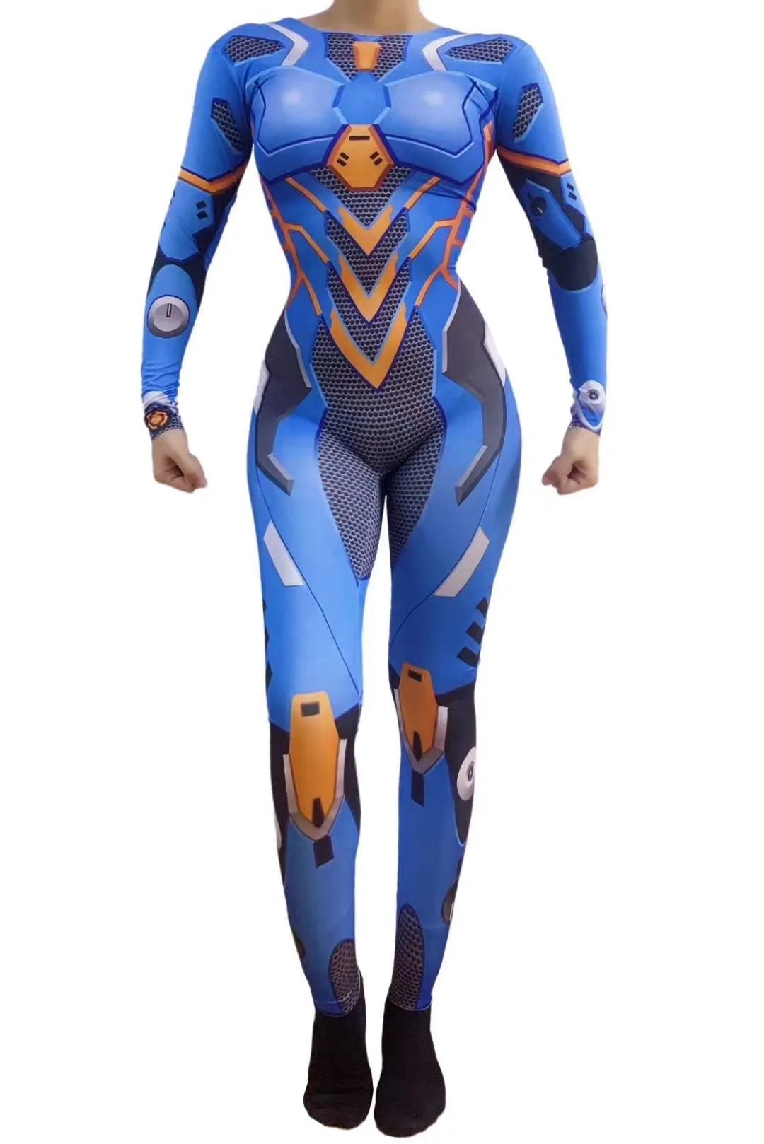 Novelty Blue Machine Printed Jumpsuit Robots Cosplay Costume Women Halloween Masquerade Costume Party Outfit