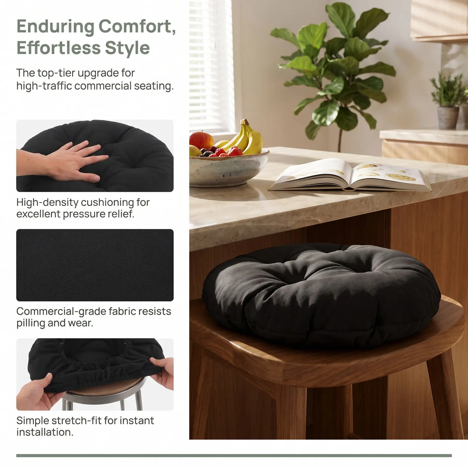 Black Padded Round Bar Stool Cover Washable Stretch Elastic Seat Cover for Bar Kitchen Dining Round Stool Protector