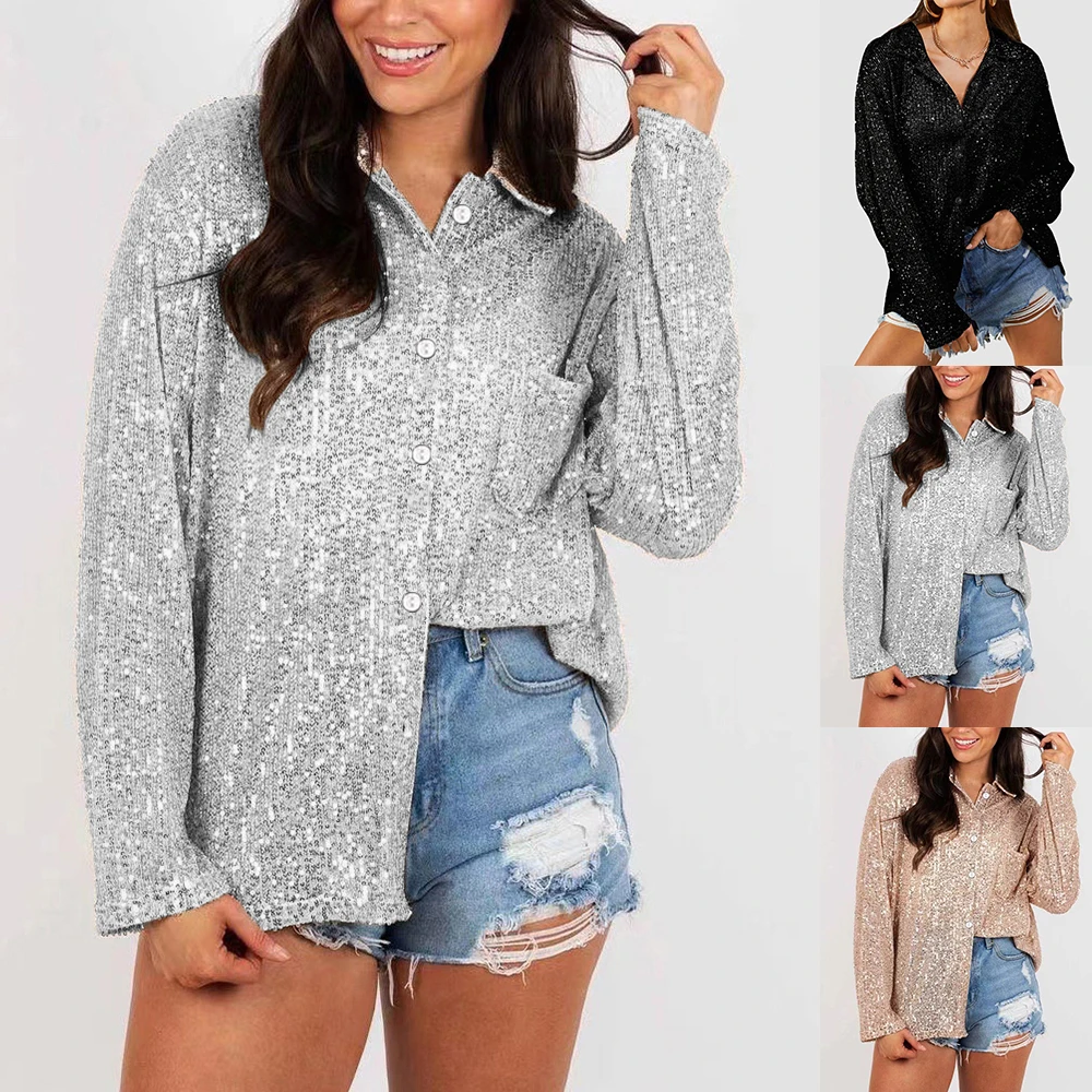 Women\'s Spring Fashion Sequin Button Casual Loose T-Shirt Clubwear Party Long Sleeve Shirt Tops Plus Size Clothing 2024