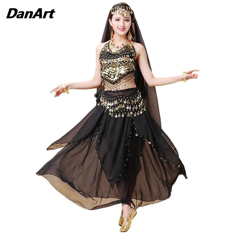 

3PCS Belly Dance Costume Set Women Oriental Indian Bollywood Dancing Tops+Skirts+Hip Scarf Outfit Set Stage Performance Wear