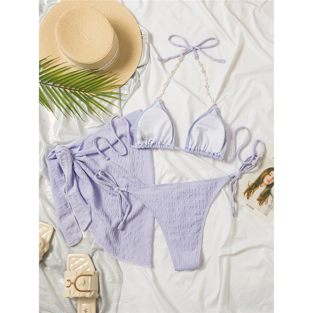 Mit Sarong, weißen Perlen, gerafftem Bikini, Damen-Badebekleidung, dreiteiliges Bikini-Set, Damen-Badeanzug, Badebekleidung, Badeanzug, Modell V5593. – Detail 25