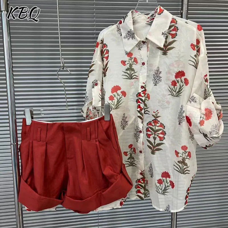

KBQ Minimalist Chic Two Piece Sets for Women Lapel Long Sleeve Spliced Button Loose Shirts High Waist Short Pant Chic Set Female