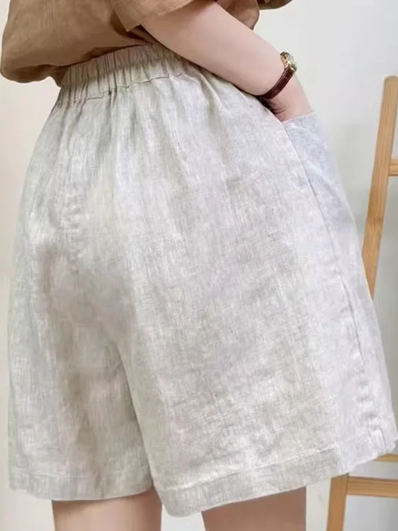 Reine Farbe Leinen orts frauen Sommer Lose Abnehmen Elastische Taille A-Line Casual Breite Bein Fünf-Viertel Hosen