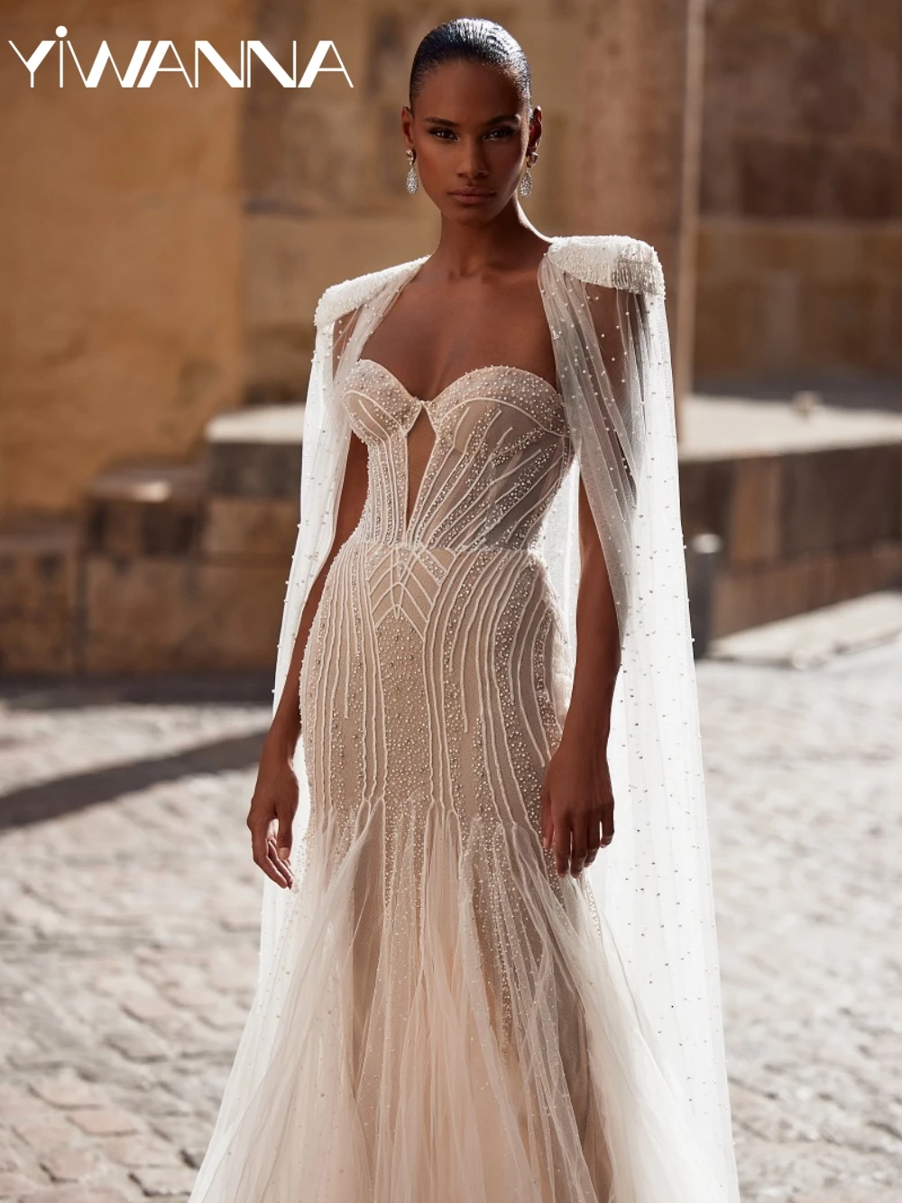 Błyszcząca Suknia Ślubna Syrena z Iluzją Koralików, Romantyczna Suknia Ślubna z Dekoltem w Serek, Suknie Ślubne na Zamówienie, Nowe Sukienki dla Panny Młodej