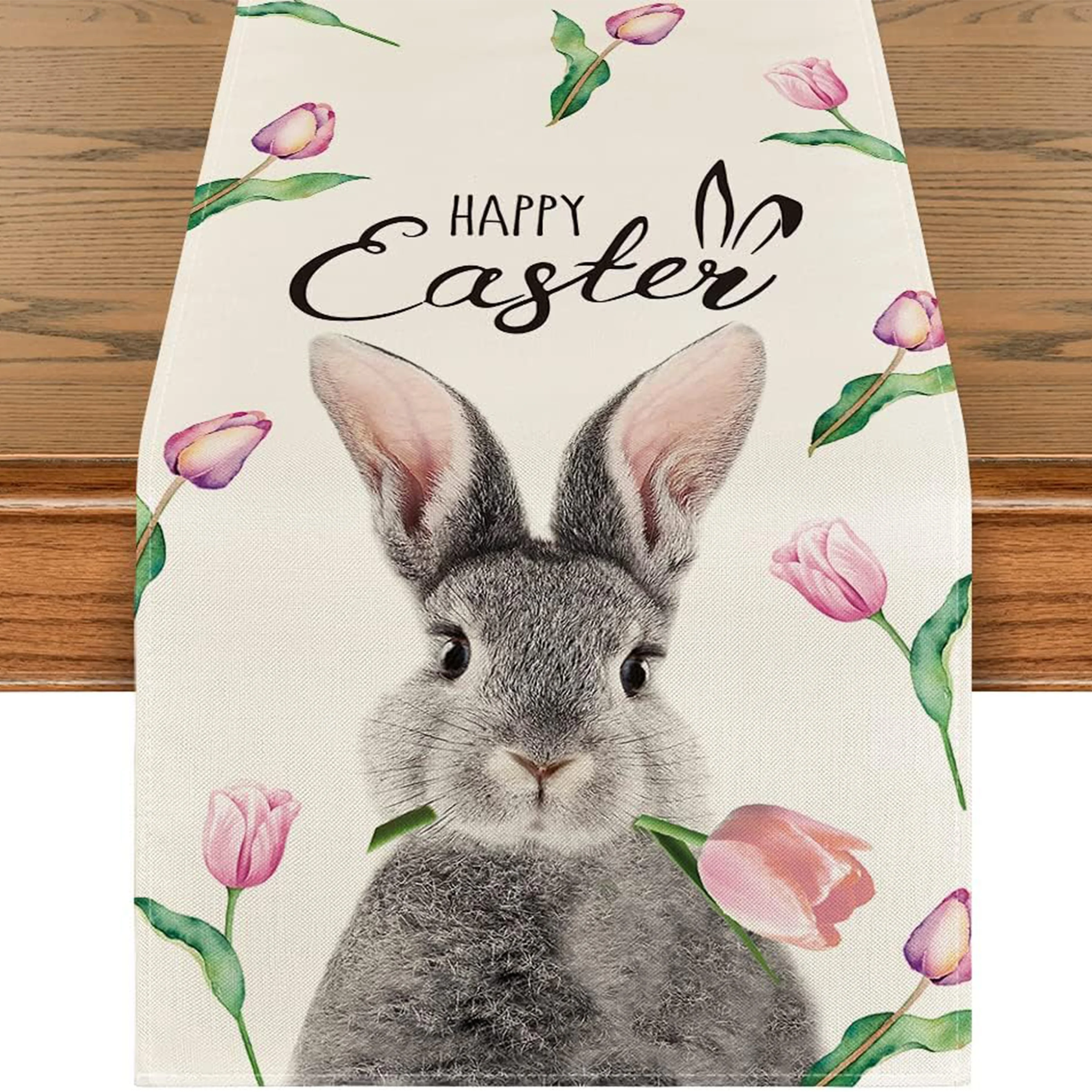 

Rabbit Pattern Flower Happy Easter Linen Table Runner Spring Summer Seasonal Farmhouse Holiday Party Kitchen Dining Table Decor