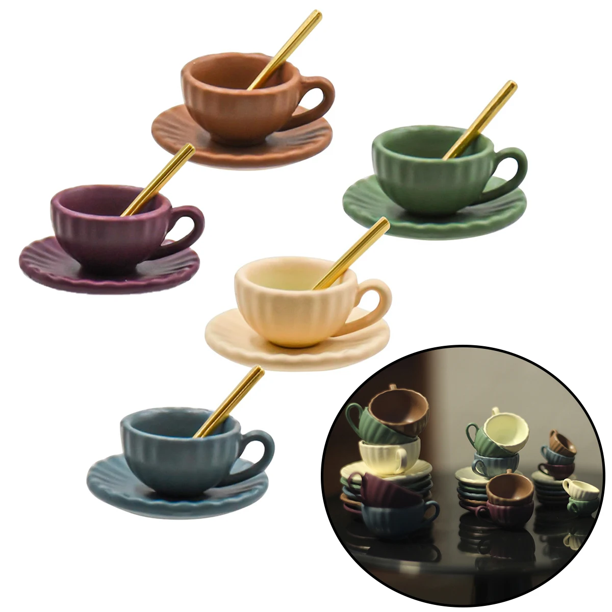 Miniatur-Kaffeeset – Tasse, Untertasse und Löffel für 1:12 Puppenhaus, Feengartenwege und Mikrolandschaften, Mini-Küchenzubehör