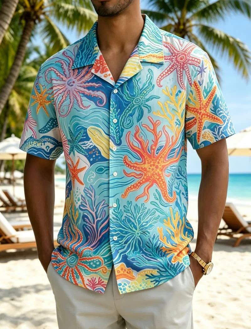 Men's tropical art line printed shirt, suitable for summer vacations, beach trips, daily travel, and casual wear