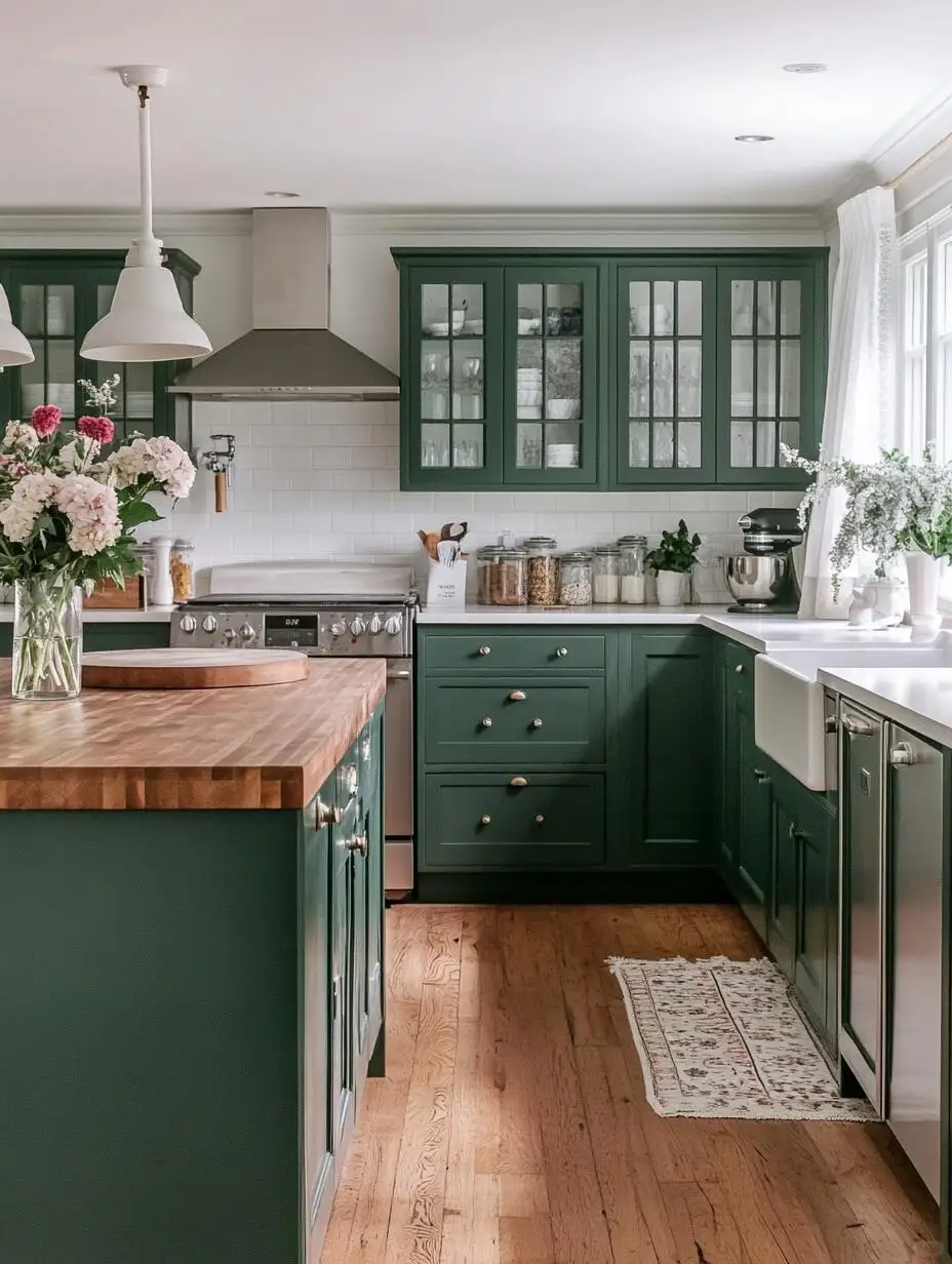 Green Country Style Solid Wood kitchen Cabinet