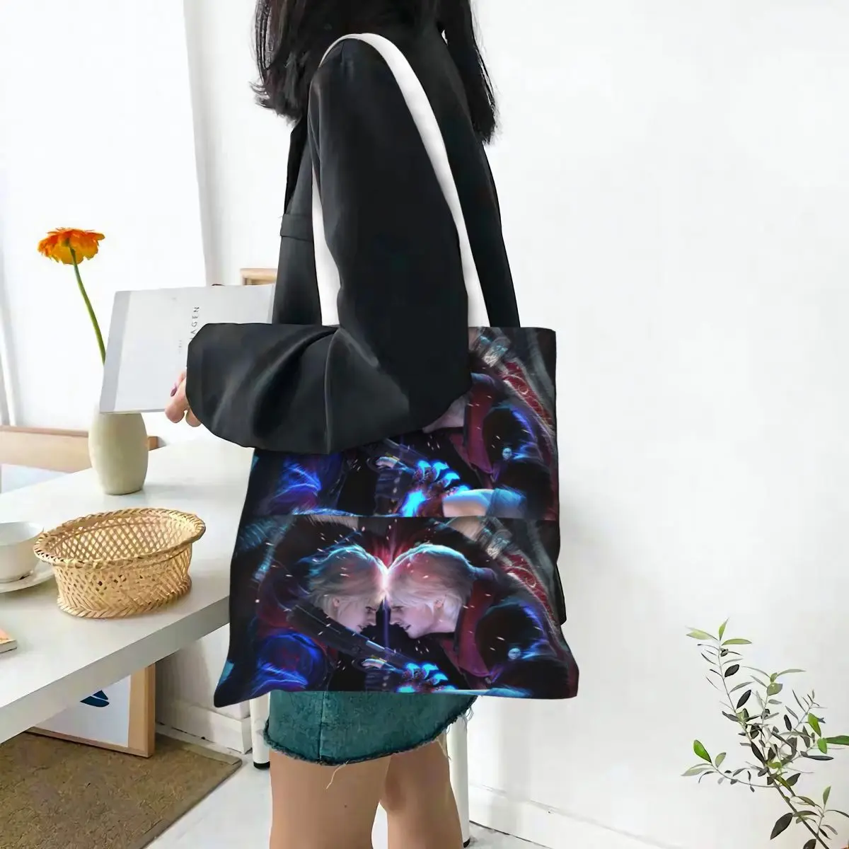 Devil May Cry Game 7 Shopping Bags Canvas The Tote Bag Folding for Women Shoulder Tote Travel Handbag