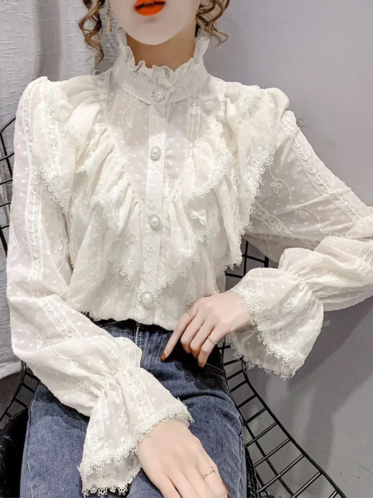 Spring Fashion  Long Sleeve Loose Button Women Shirt Elegant Stand Collar Pleated Tops Casual Ruffle Lace Blouse Blusas 15832