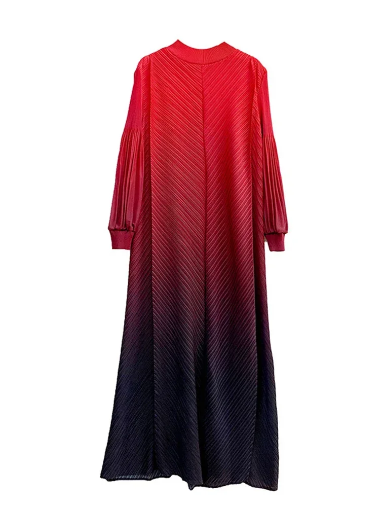 Miyake Pleated Prom Dress for Women Gradient Long Sleeves Maxi Pleated Print Dresses 2024 Spring New Female Fashion Clothing