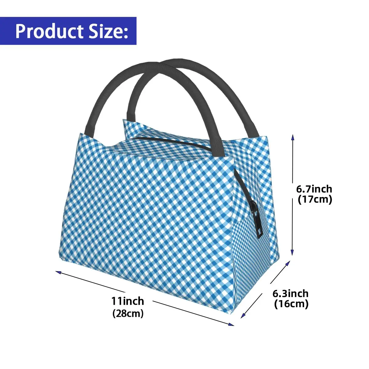 Gingham Print Lunch Bag Blue Check Fun Lunch Box Picnic Portable Insulated Thermal Tote Handbags Graphic Cooler Bag