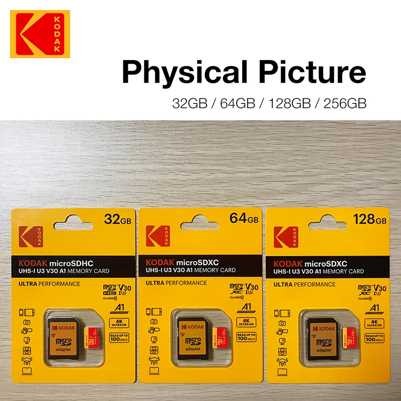 10 шт. Kodak оригинальная TF Micro SD карта 128 Гб карта памяти Microsd C10 U3 флэш-карта 64 ГБ с SD-адаптером для телефона планшета камеры