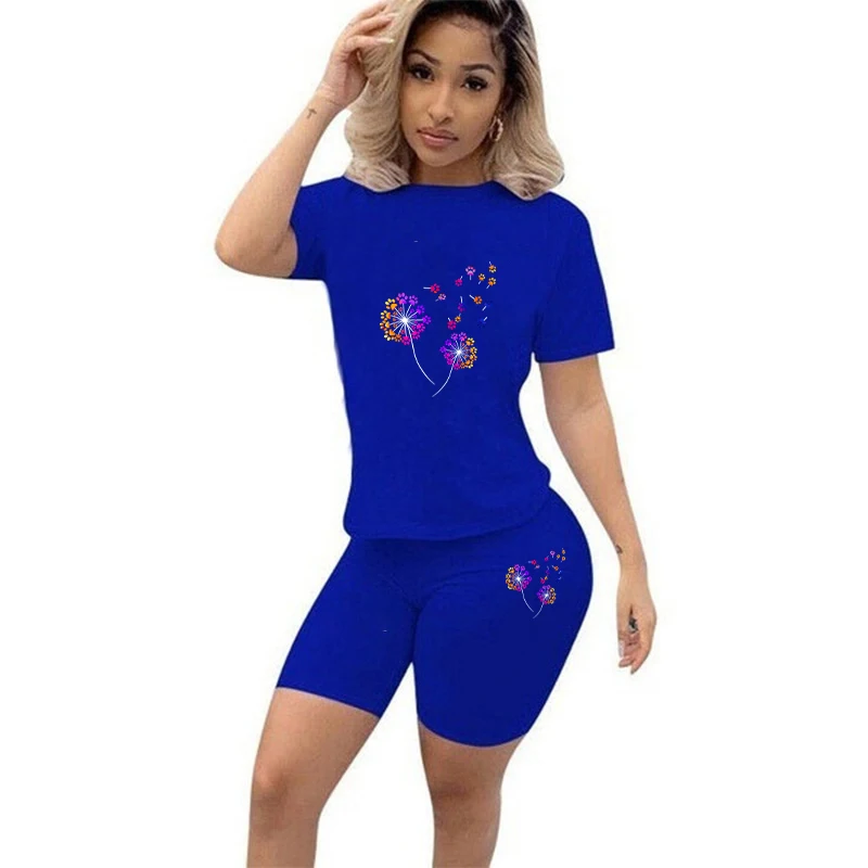 New Printed Women Sexy Basic T Shirt Casual Bodycon 2 Piece Set Short Sleeve Tee Summer Top Shorts Pants Tracksuit American Suit