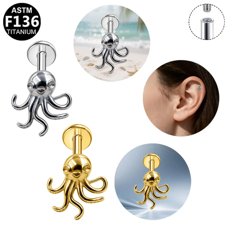 ASTM F136 Titanium Internally Threaded Labret Studs, Cute 3D Octopus Cartilage Earrings, Ocean Animal Helix Tragus Piercing Jewe