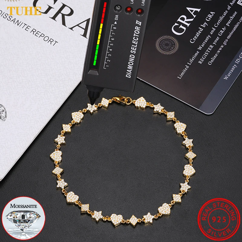 High Quality Unisex Iced Out Moissanite Heart Bracelet for Women Men 925 Sterling Silver Fine Jewelry Christmas Gifts