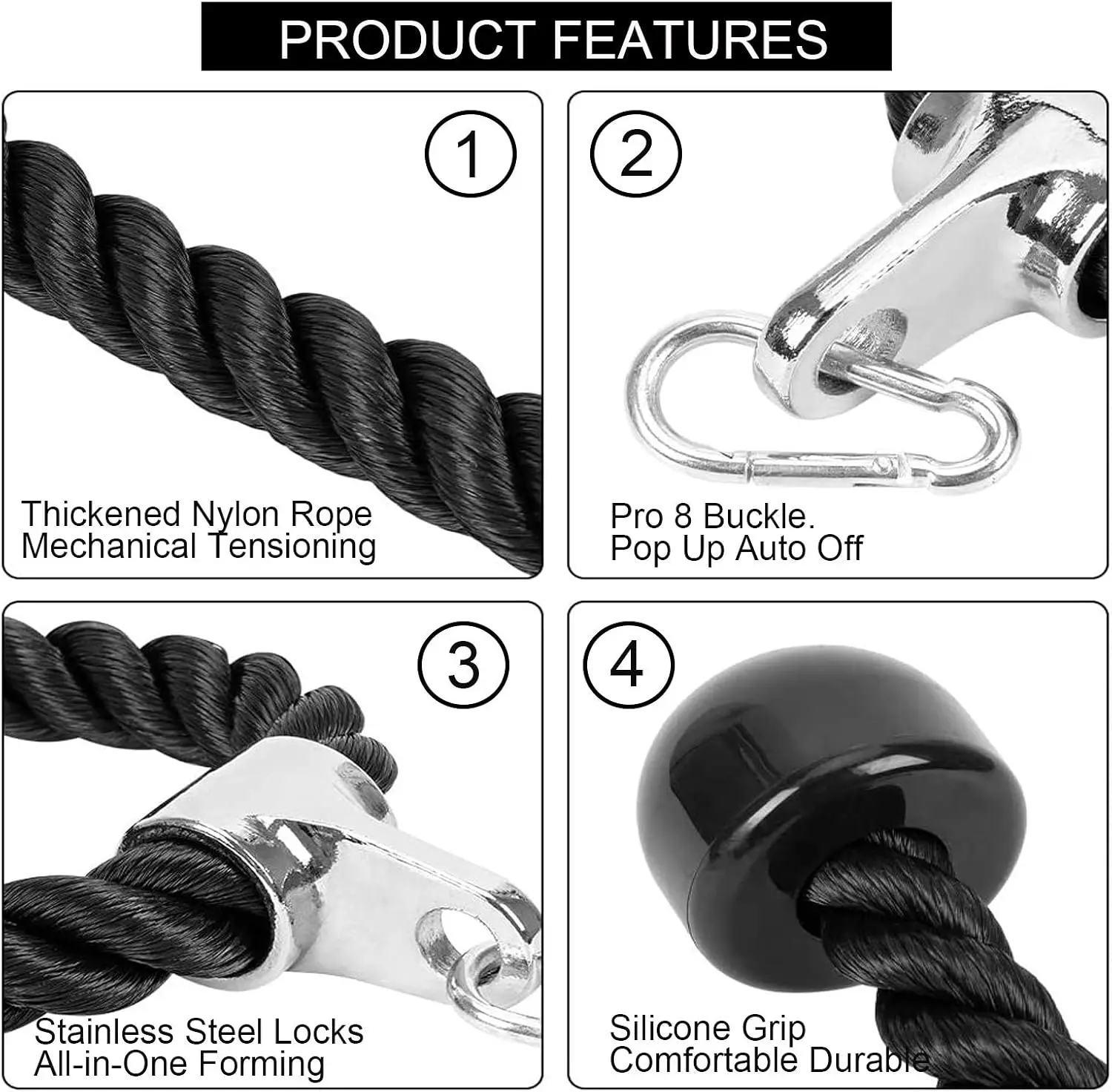 Heavy Duty Nylon Tricep Rope Cable Attachment Comfort Handle Carabiner Elastic Resistance Band Stretch Training Accessory For Triceps Pushdown Biceps Back Chest Full Body Workout Multi-functional Fitness Equipment Home Gym Yoga Strength Train Exercise