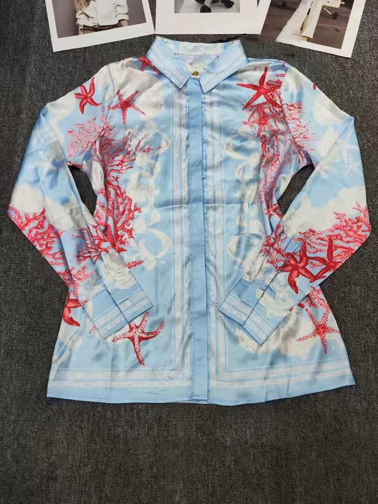 Moda impressão lapela single-breasted camisa de manga comprida primavera novo terno feminino + cintura alta elástica pés finos calças terno de duas peças