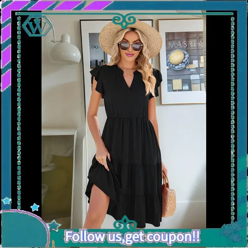 A09P Vestido feminino de verão com babados, manga com decote em V, vestidos midi, moda casual, ajuste flowy, em camadas, boho, praia