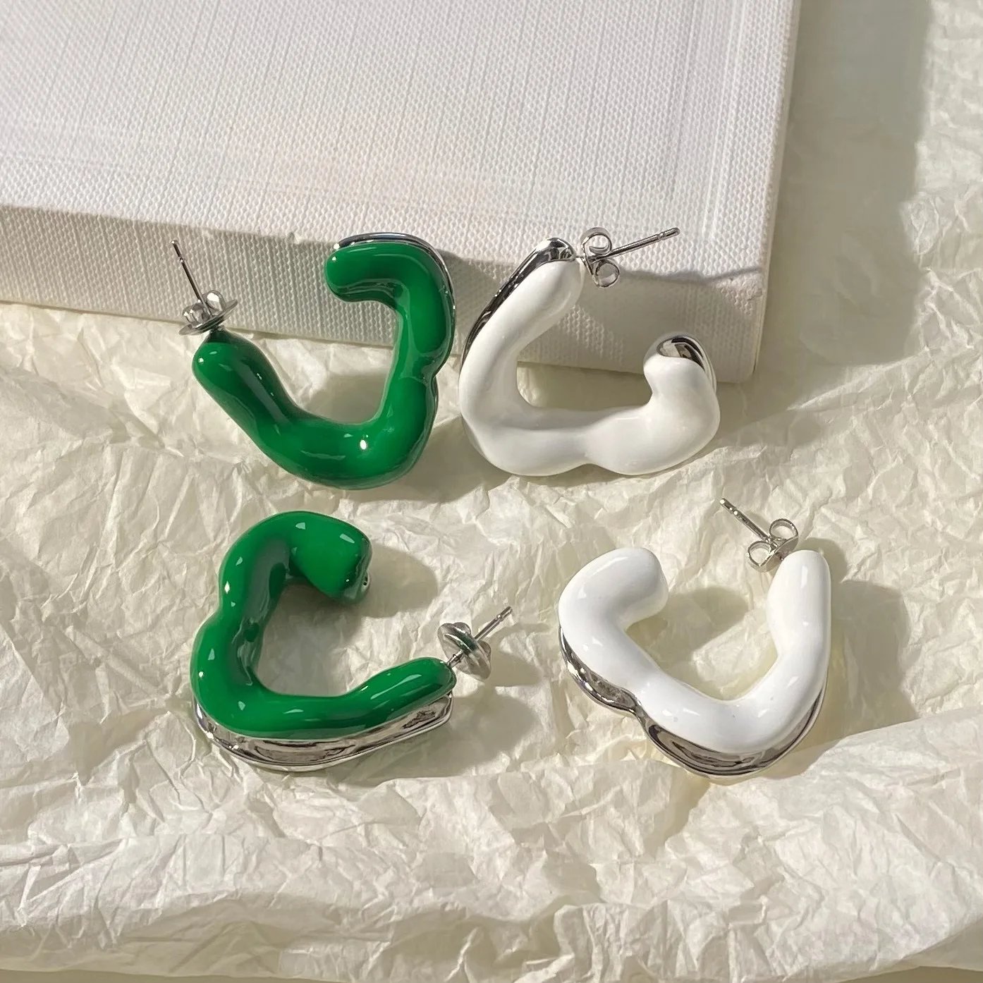 Brass Green White Enamel Irregular Triangle Hoop Earrings Women Jewelry Punk Designer Club Cocktail  Party Boho Japan Korean