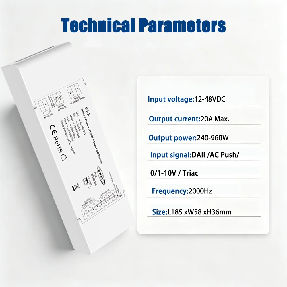 DC 12V-48V DALI Push 0/1-10V Triac LED Dimmer V1-X 1CH 20A DT6 Multifunction 4in 1 Dimming for 5050 COB Single Color Strip Light