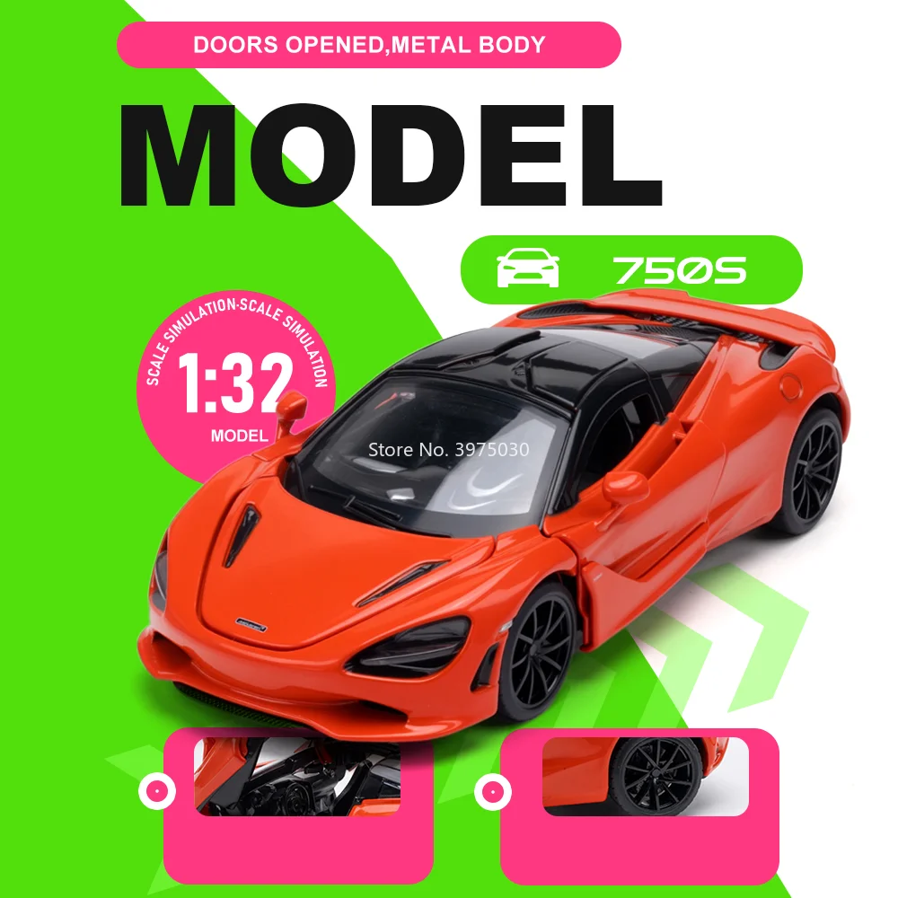 

1:32 750S GT Alloy Diecast Car Model Miniature Toy Doors Opened Metal Body Rubber Tire Vehices Holiday Gift Ornament for Friends