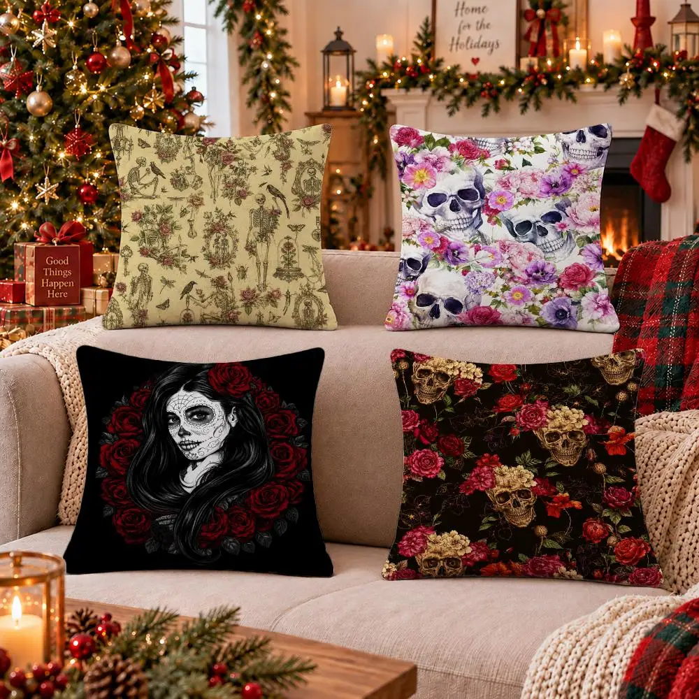 Undead Flower Skeleton Cushion Cover Cushion Cover Soft Plush Cushion Covers Fluffy Throw Pillow Cases for Sofa Bedroom