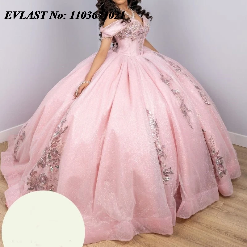 

EVLAST Pink Ball Gown Quinceanera Dress Beaded Crystal Lace Appliques Tassel Mexico Corset Sweet 16 Vestidos De XV 15 Anos SQ179