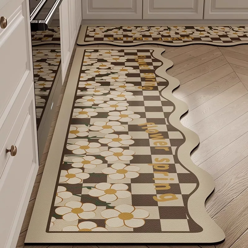 Minimalist Checkered Daisy Diatomite Kitchen Mat Absorbent Oil Proof Soft Antislip Long Rug Stainproof Easy Clean For Bathroom D
