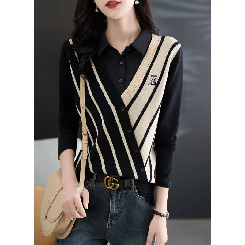 Casual Temperament Fake Two Piece Knitted Shirt for Women\'s Spring Autumn New Western Style Fashion Striped Splicing Shirt Top