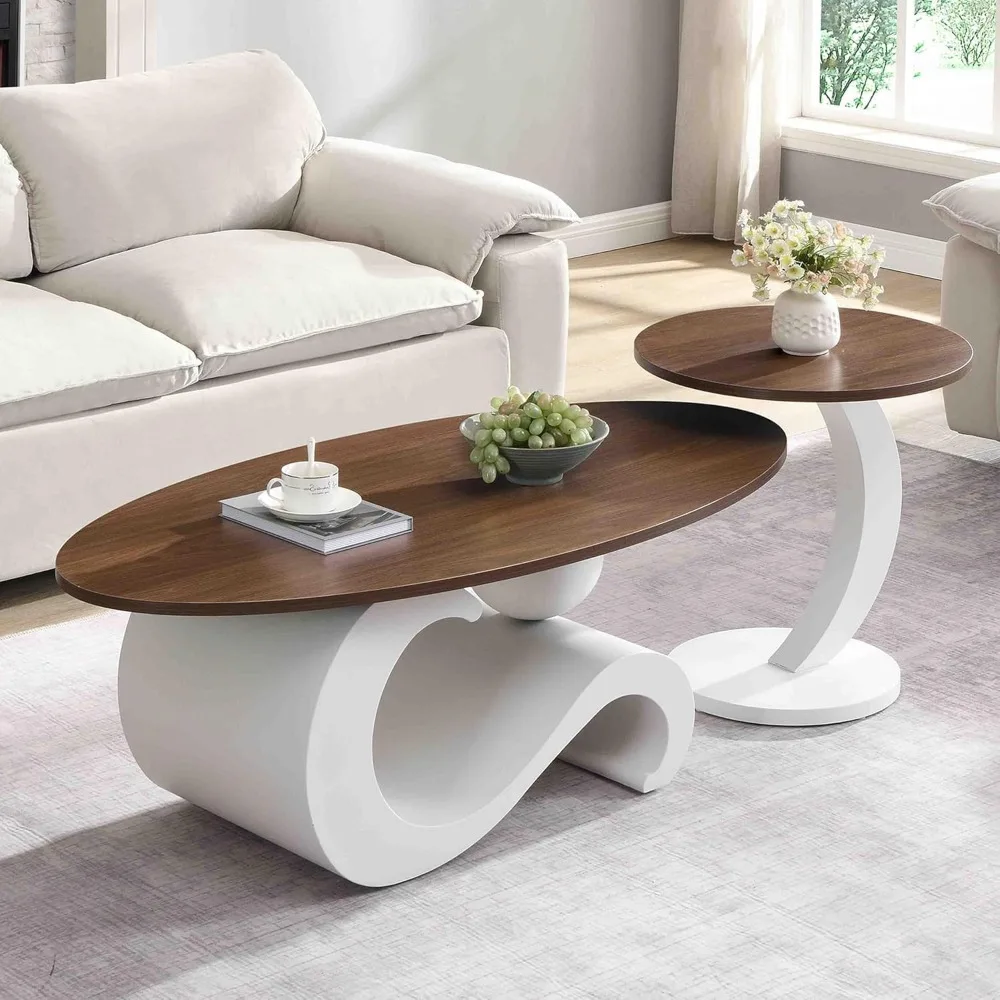 

47 Oval Coffee Table Set of 2, Modern Round End Table 20, Nesting Living Room Tables 2 Pieces, White Metal Base and Walnut Wood