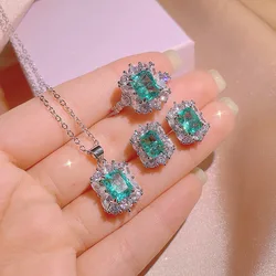 New Paraiba Women's Jewelry Set Princess Bling Bling Zircon Stud Earrings Pendant Adjustable Ring Three Piece Set Party Gift