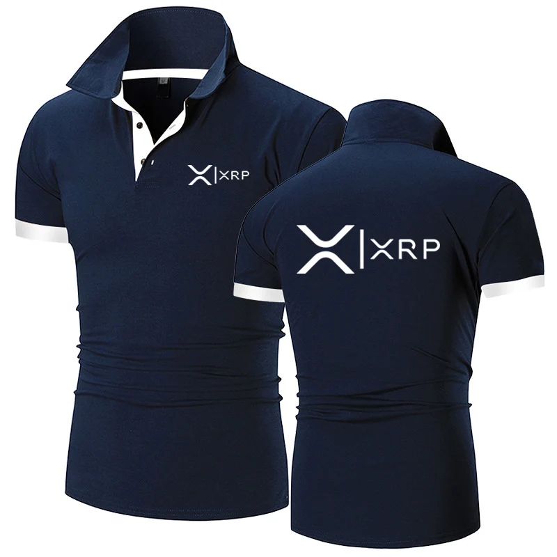 2025 Summer Men\'s Cryptocurrency Ripple XRP Logo Print Classic Solid Color Lapel Collar Quick Drying Comfortable Polo Shirt Tops