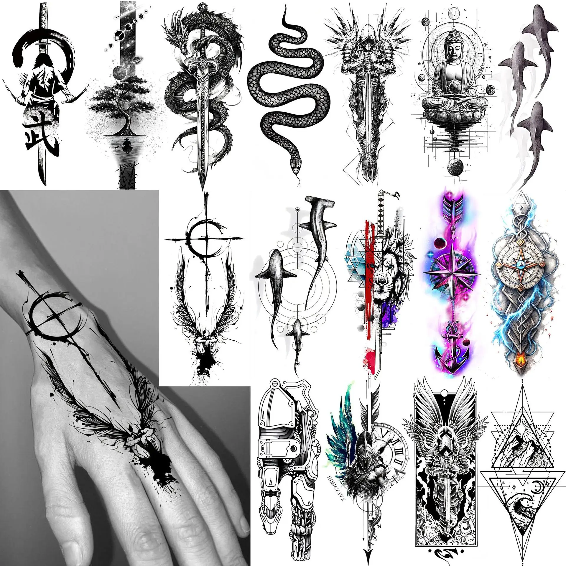tatuagem-falsa-serie-preto-e-branco-adesivos-de-tatuagem-legais-decalque-temporario-de-transferencia-por-Agua-para-decoracao-de-pele-de-maos-pernas-e-panturrilhas-masculinas