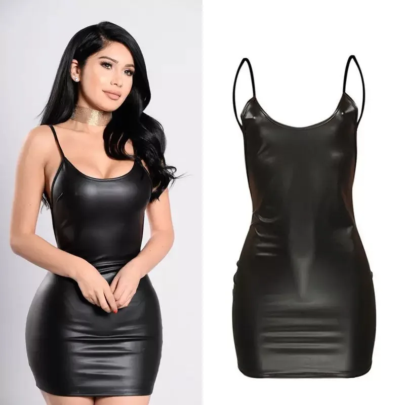 

Sexy Women's erotic lingerie Black highlight High elasticity Backless Leather slip dress Soft PU leather Hip-wrapping skirt