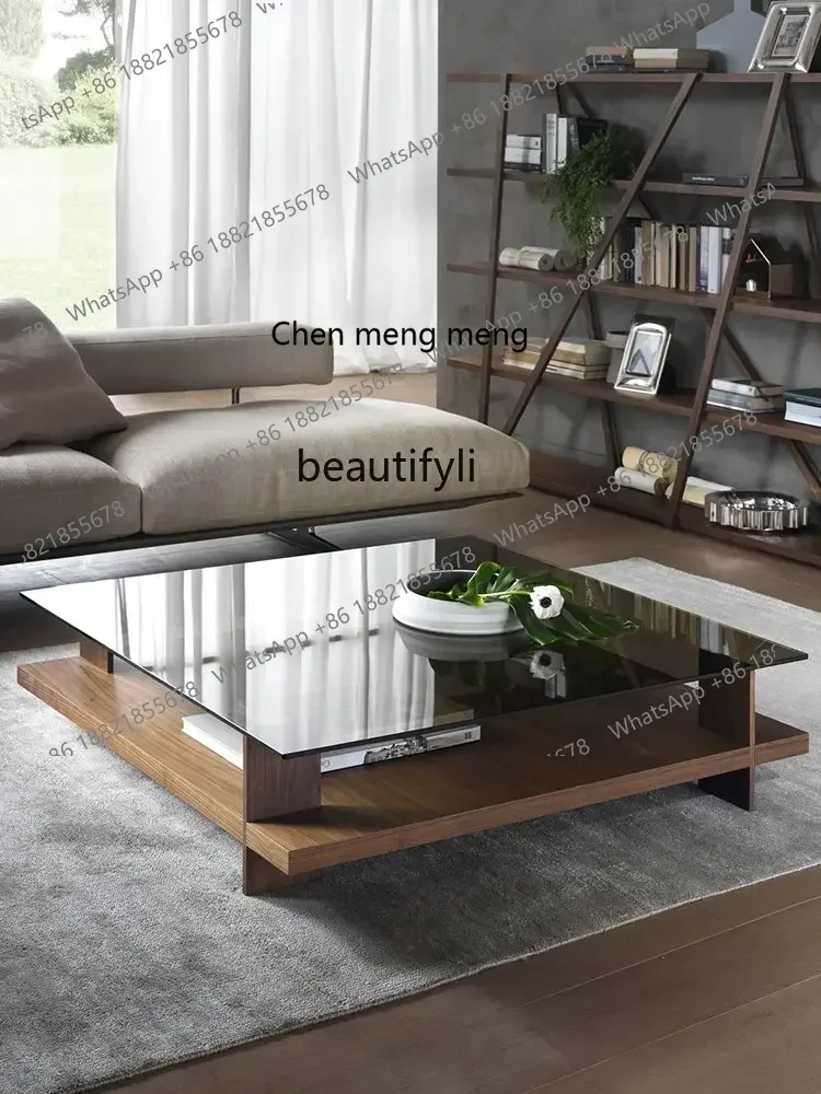 

zq Nordic Square Tempered Glass Coffee Table Living Room Home Solid Wood Tea Table Japanese Style Tea Table