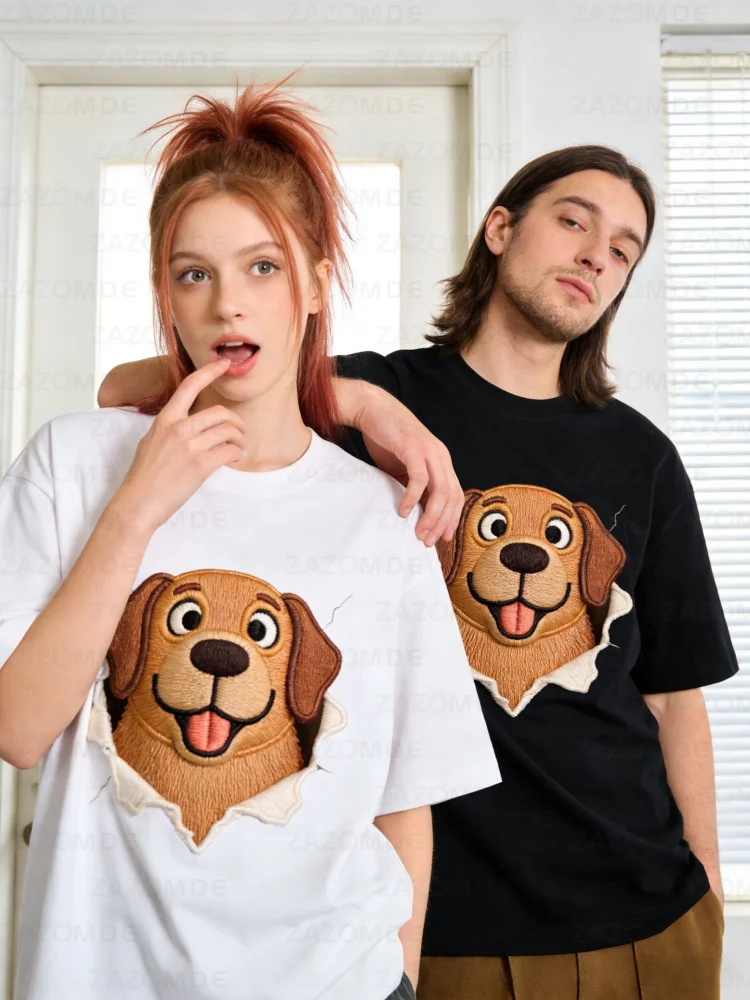 

ZAZOMDE Summer Unique Oversized Cotton Short Sleeve Tshirt Playful Dog Head Peeking Through Rip Design For Daily Streetwear