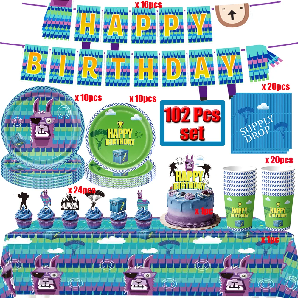 Shooting Game Fortnition Birthday Party Decoration Alpaca Tablecloth Cup Plate Napkin Baby Shower Number Party Favors Supplies view 2