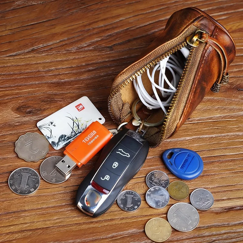 Luxury Genuine Leather Car Key Vintage Men and Women Waist Hanging Cowhide Key Case Housekeeper Home Organizer Zipper Coin Purse