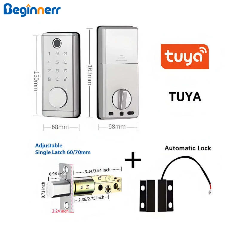 

Silver Automatic Deadbolt lock Tuya WiFi TTlock pincode fingerprint Induction door magnet sensor Electronic smart door lock