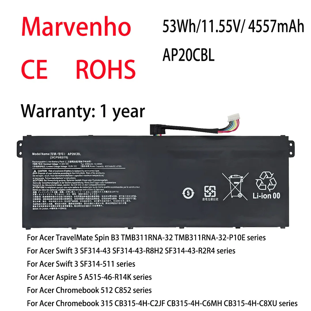 New Marvenho 53Wh 11.55V AP20CBL Laptop Battery For Acer Aspire 5 A515-46-R14K TravelMate Spin B3 TMB311RNA-32 Swift 3 SF314-43