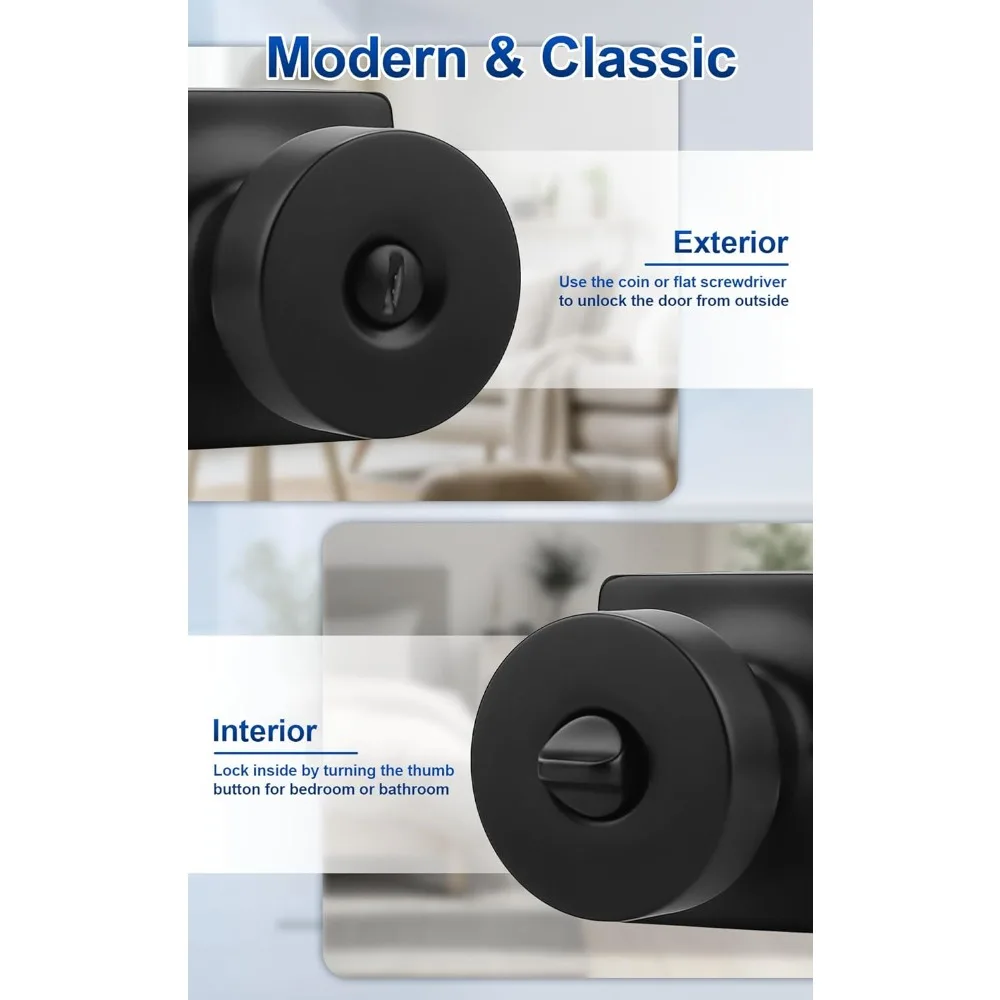 Nowoczesne klamki bezkluczykowe, zestaw 5 sztuk, wewnętrzne klamki z funkcją prywatności, kwadratowa podstawa, do sypialni i łazienki, wykończenie matowe.