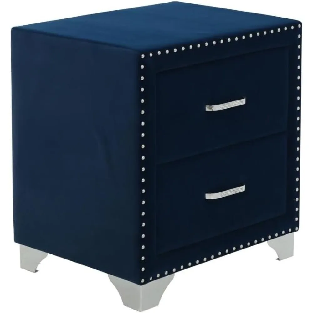 2-Drawer Velvet Upholstered Nightstand Pacific Blue Includes: One (1) nightstand Leg color: Chrome