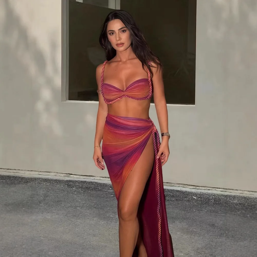 

SKMY Women Clothing Fashion Printed Sexy Backless Spaghetti Strap Crop Tops Hip Hugging Split Long Skirt Two Piece Sets Outfits