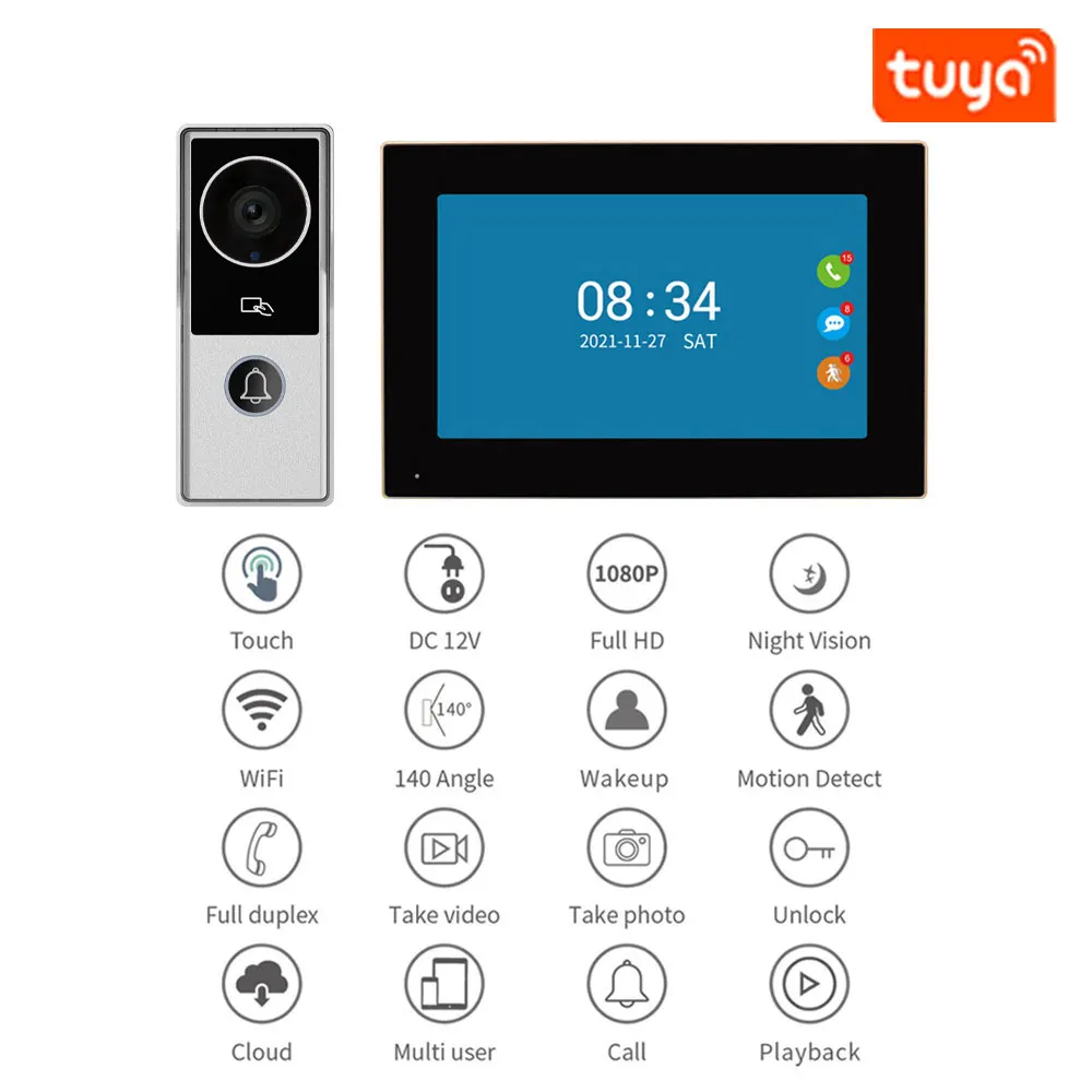 Timbre de puerta con intercomunicador para el hogar, sistema de teléfono con cámara, Monitor de pantalla táctil múltiple, 1080p, 2,4G, Wifi, Tuya