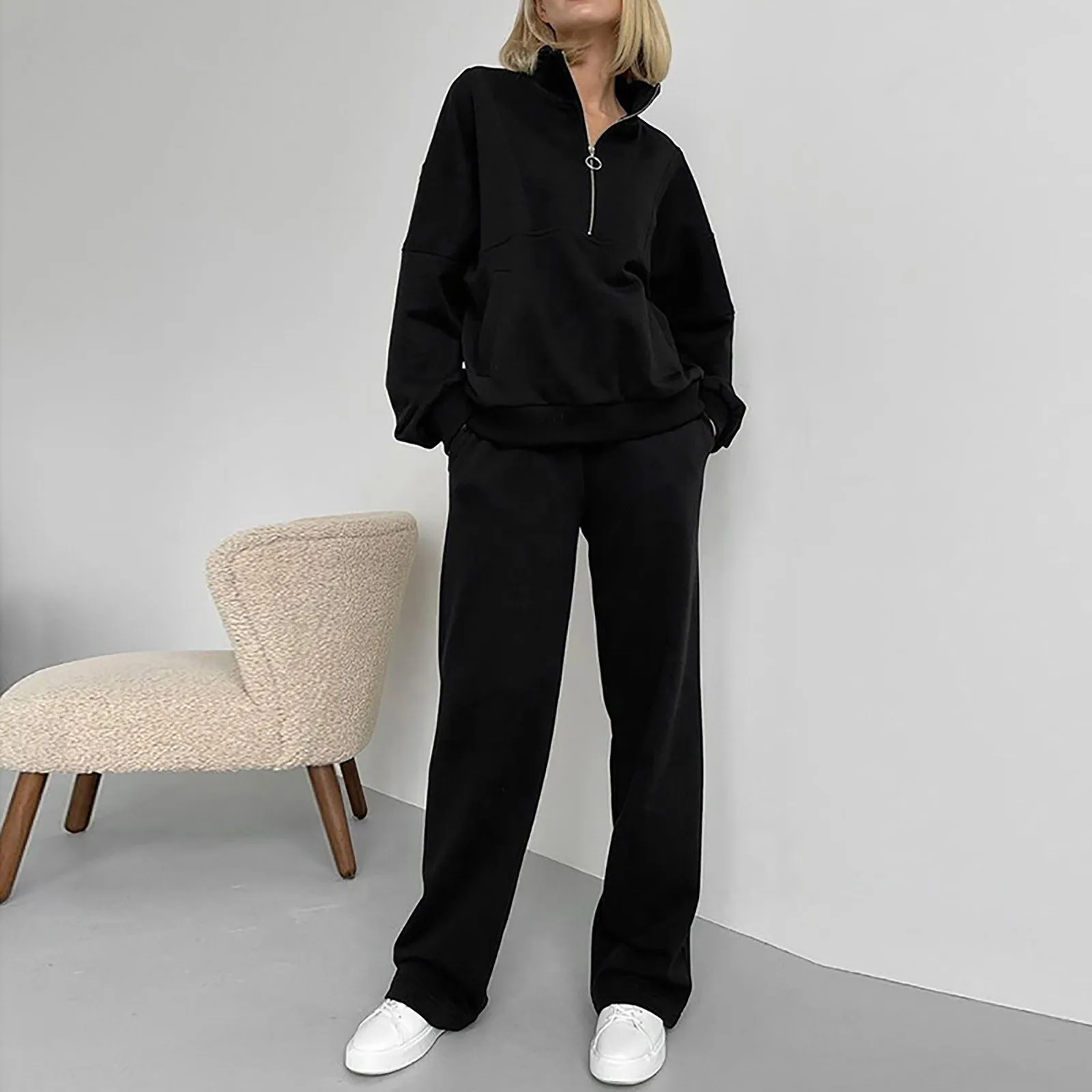 

Womens Casual Sport Suit New Sweatshirt Half Zip Stand Collar Long Sleeve Tops And Loose Pants Stylish Two Piece Set 2024
